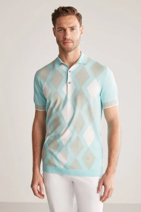 Mavi Yeşil Baklava Desen Triko Polo Mavi Yeşil Baklava Desen Triko Polo