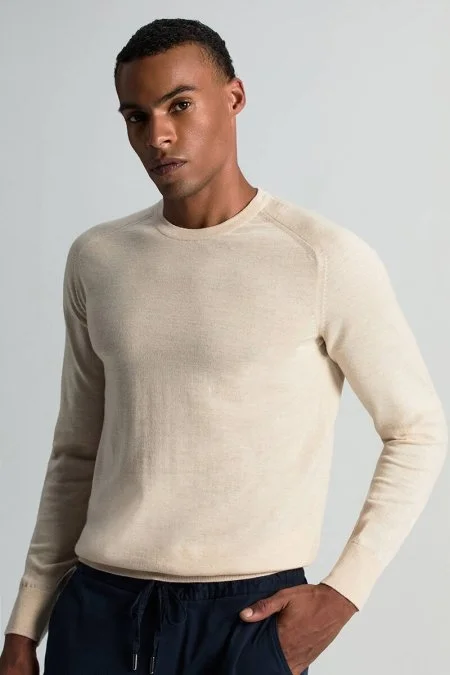 Merino Yün Açık Bej Bisiklet Yaka Triko