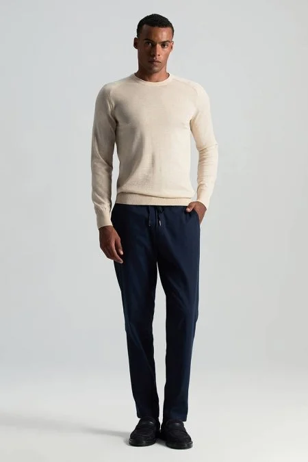 Merino Yün Açık Bej Bisiklet Yaka Triko