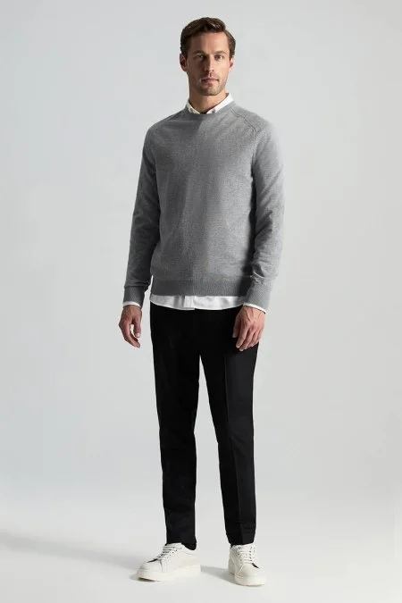 Merino Yün Açık Gri Bisiklet Yaka Triko