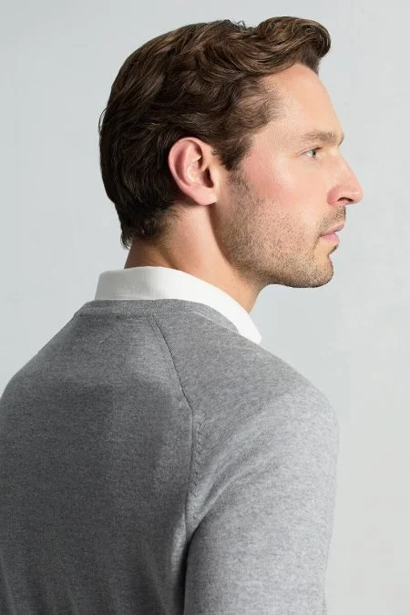 Merino Yün Açık Gri Bisiklet Yaka Triko