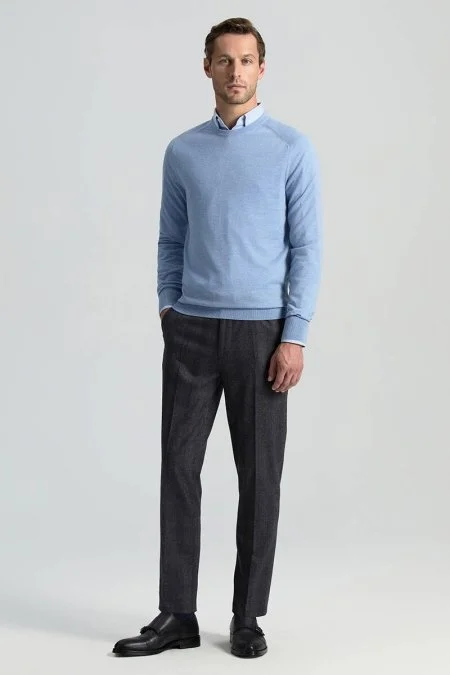 Merino Yün Açık Mavi Bisiklet Yaka Triko