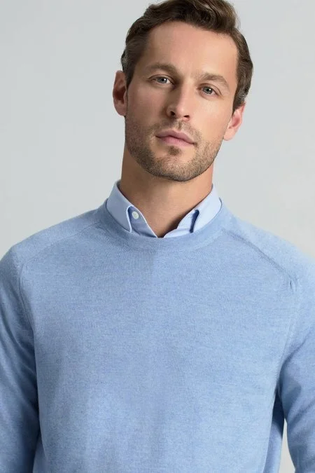Merino Yün Açık Mavi Bisiklet Yaka Triko