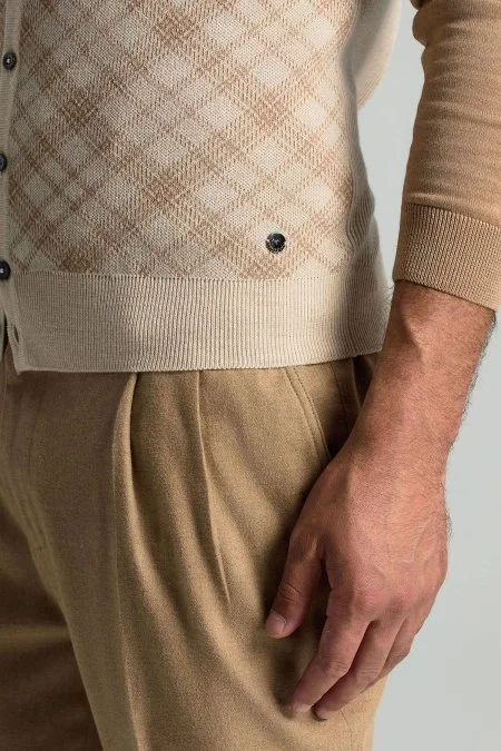 Merino Yün Baklava Desen Açık Bej Yelek