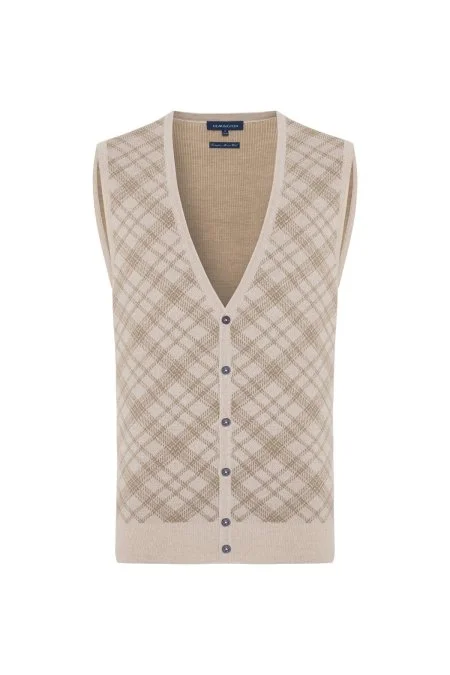 Merino Yün Baklava Desen Açık Bej Yelek