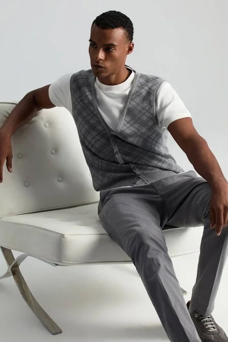 Merino Yün Baklava Desen Açık Gri Yelek