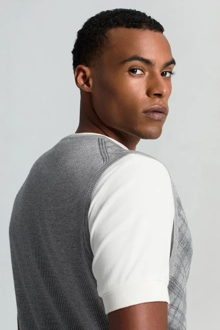 Merino Yün Baklava Desen Açık Gri Yelek