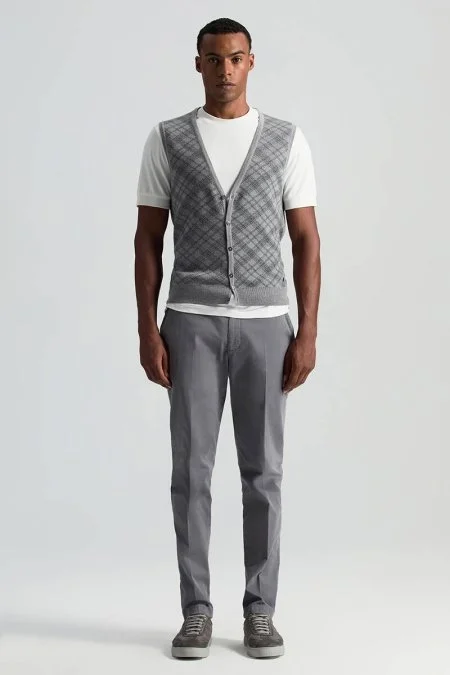 Merino Yün Baklava Desen Açık Gri Yelek