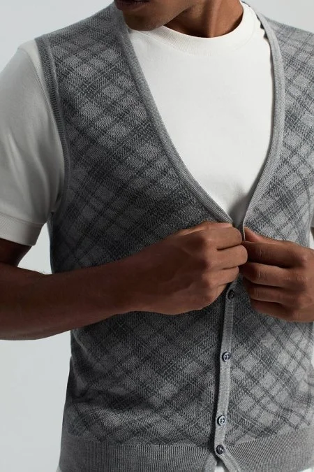 Merino Yün Baklava Desen Açık Gri Yelek