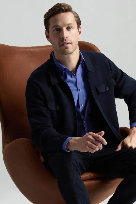 Merino Yün Baklava Desen Koyu Mavi Yelek