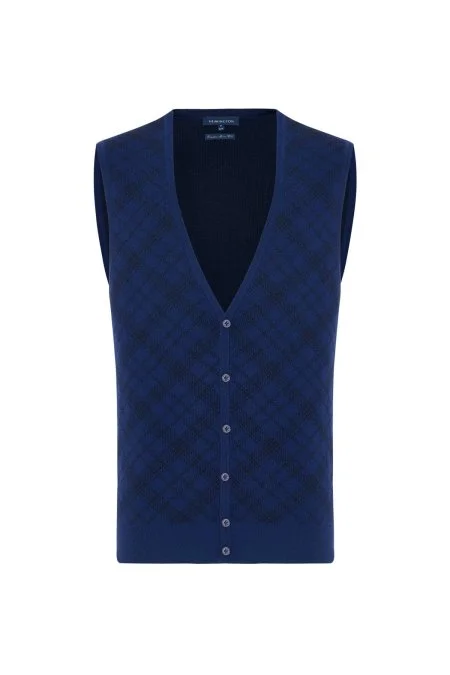 Merino Yün Baklava Desen Koyu Mavi Yelek