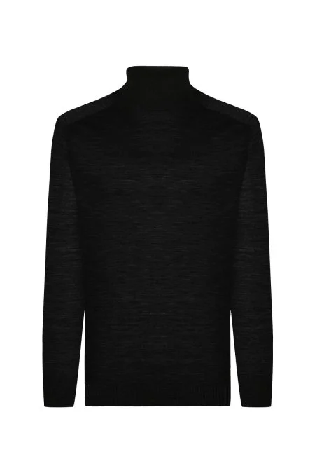 Boğazlı Slim Fit Siyah Merino Yün Triko