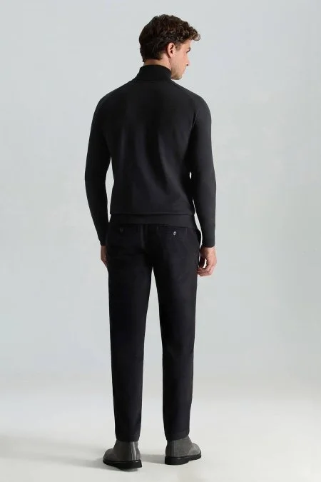 Boğazlı Slim Fit Siyah Merino Yün Triko