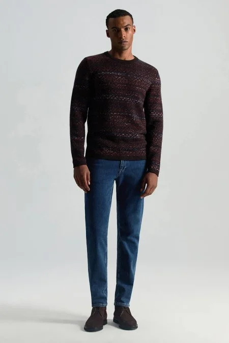 Merino Yün Etnik Desen Koyu Kahverengi Kazak