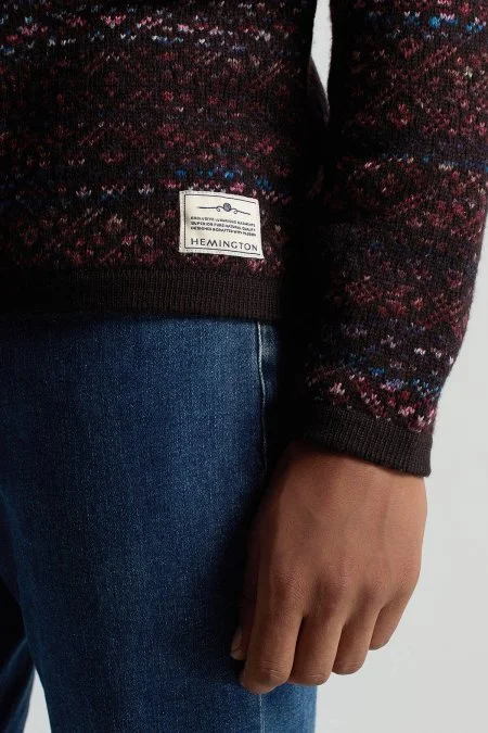 Merino Yün Etnik Desen Koyu Kahverengi Kazak