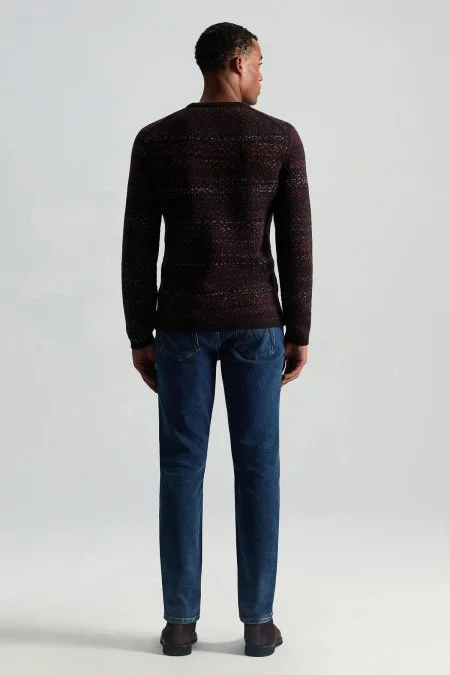 Merino Yün Etnik Desen Koyu Kahverengi Kazak