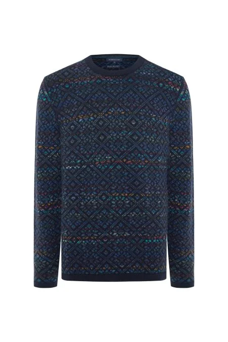 Merino Yün Etnik Desen Lacivert Kazak