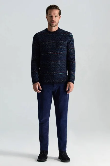 Merino Yün Etnik Desen Lacivert Kazak