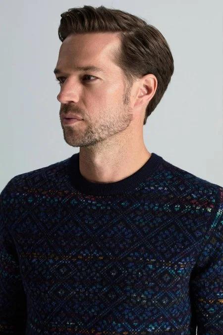 Merino Yün Etnik Desen Lacivert Kazak