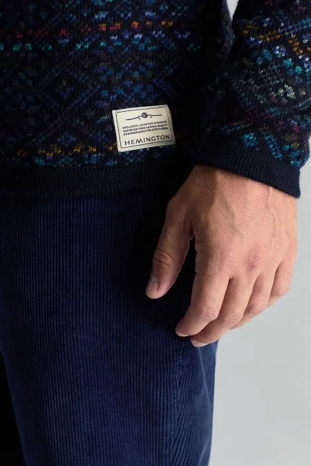 Merino Yün Etnik Desen Lacivert Kazak