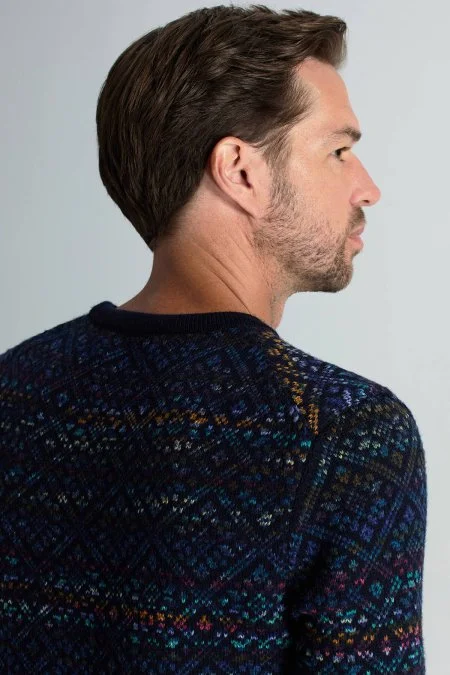 Merino Yün Etnik Desen Lacivert Kazak