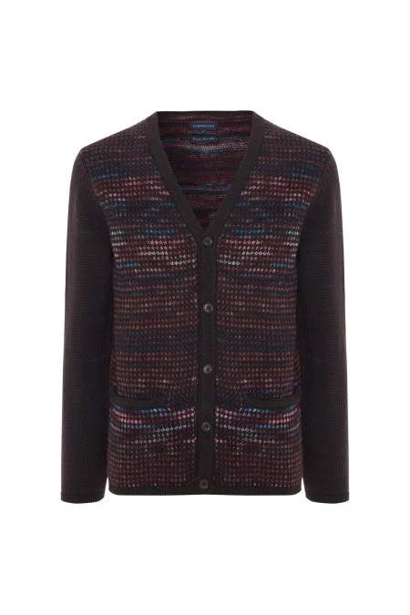 Merino Yün Etnik Desen Koyu Kahverengi Hırka