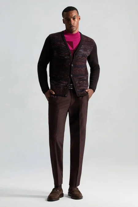 Merino Yün Etnik Desen Koyu Kahverengi Hırka