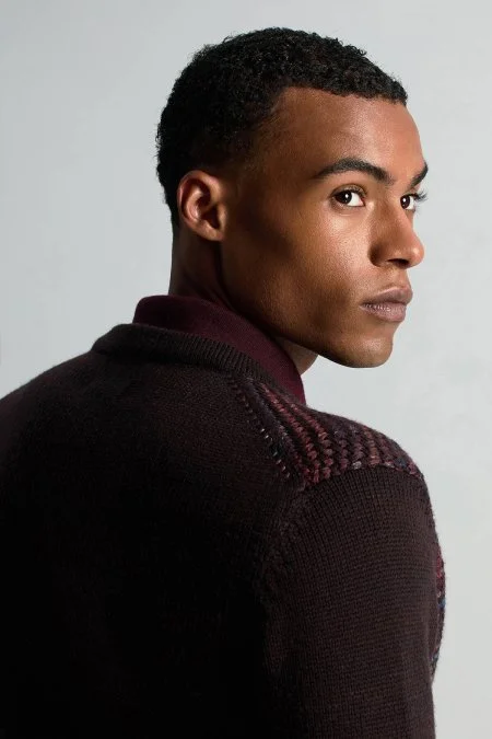 Merino Yün Etnik Desen Koyu Kahverengi Hırka