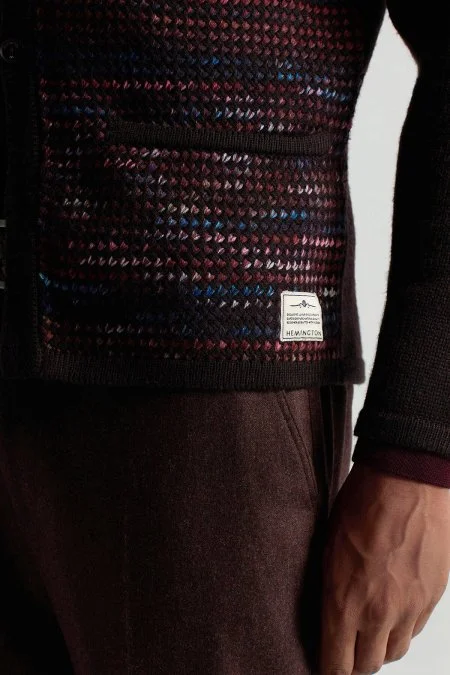 Merino Yün Etnik Desen Koyu Kahverengi Hırka