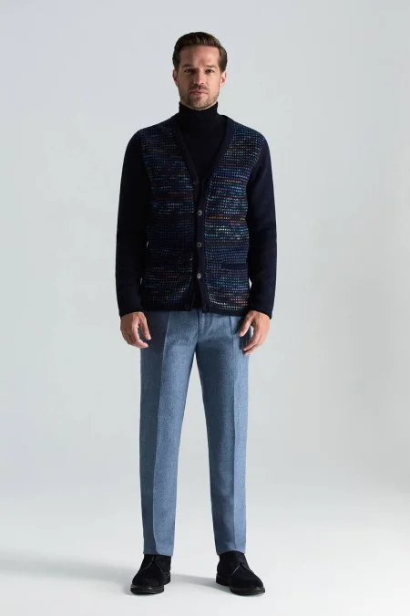 Merino Yün Etnik Desen Lacivert Hırka