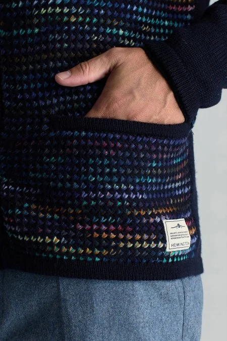 Merino Yün Etnik Desen Lacivert Hırka