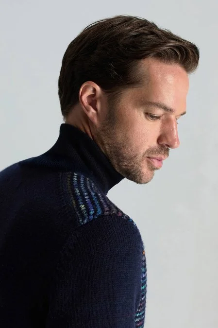 Merino Yün Etnik Desen Lacivert Hırka