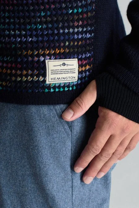 Merino Yün Etnik Desen Lacivert Hırka