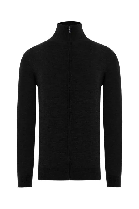 Extrafine Merino Fermuarlı Siyah Triko Hırka