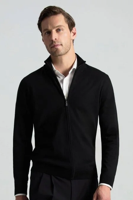 Extrafine Merino Fermuarlı Siyah Triko Hırka