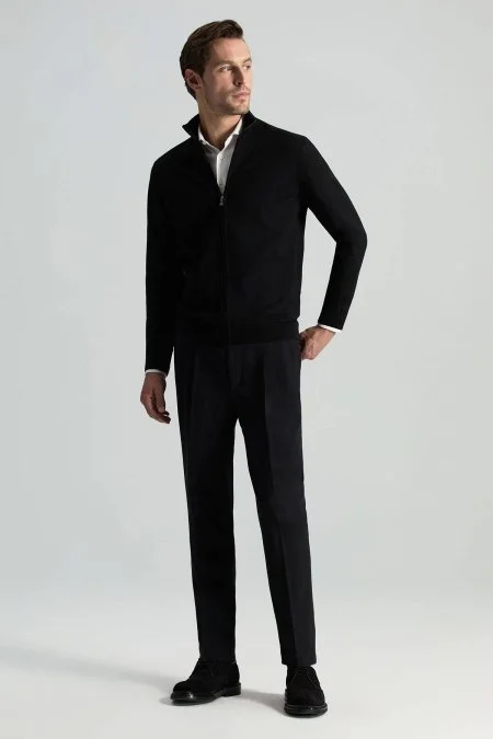 Extrafine Merino Fermuarlı Siyah Triko Hırka