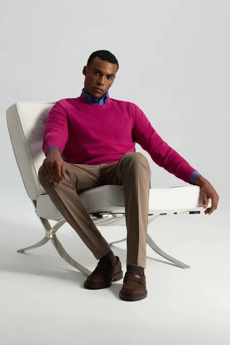 Merino Yün Fuşya Bisiklet Yaka Triko