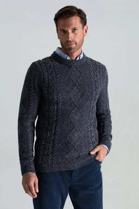 Merino Yün-İpek Karışım Aran Örgü Desen Bisiklet Yaka Lacivert Kazak