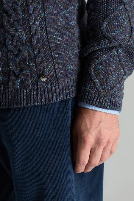 Merino Yün-İpek Karışım Aran Örgülü Lacivert Kazak