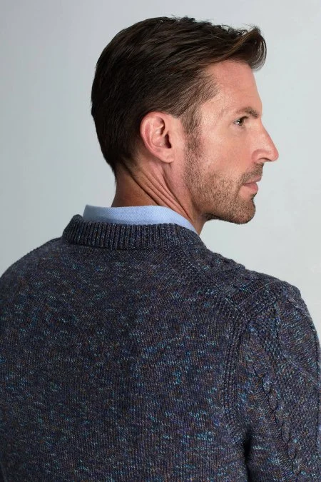 Merino Yün-İpek Karışım Aran Örgülü Lacivert Kazak