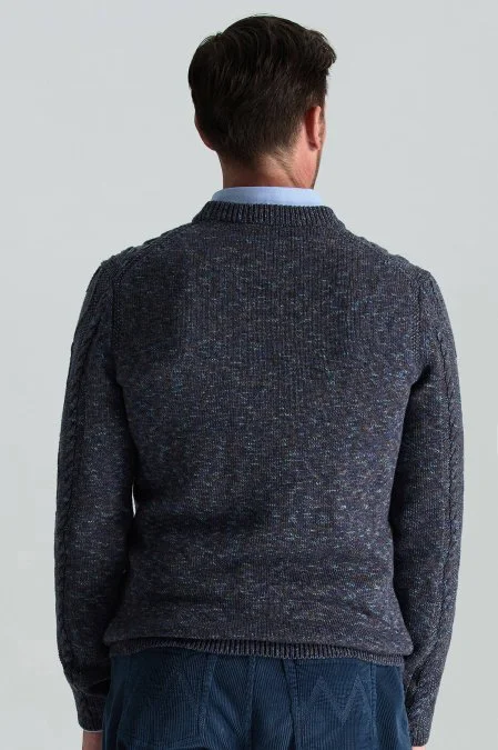Merino Yün-İpek Karışım Aran Örgülü Lacivert Kazak