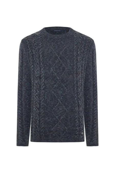 Merino Yün-İpek Karışım Aran Örgülü Lacivert Kazak