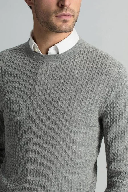 Merino Yün İpek Karışım Örgü Desen Açık Gri Triko