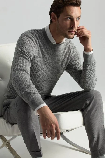 Merino Yün İpek Karışım Örgü Desen Bisiklet Yaka Açık Gri Triko