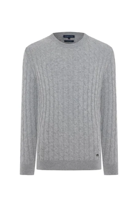 Merino Yün İpek Karışım Örgü Desen Açık Gri Triko