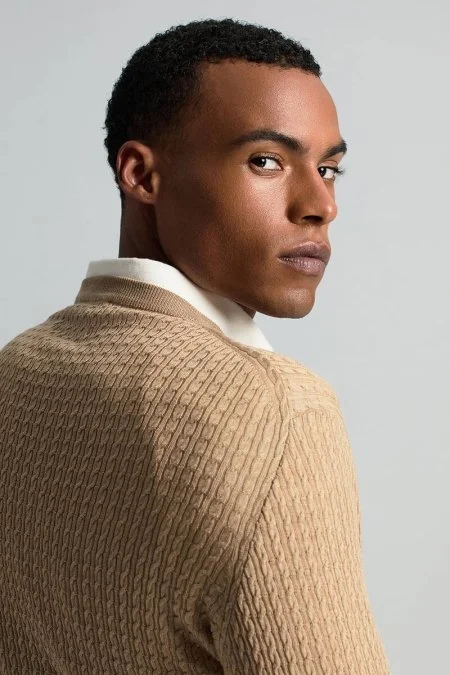 Merino Yün İpek Karışım Örgü Desen Camel Triko