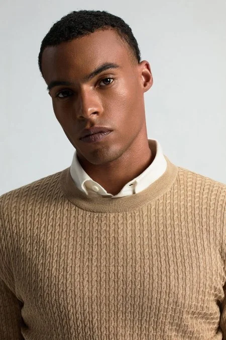 Merino Yün İpek Karışım Örgü Desen Camel Triko