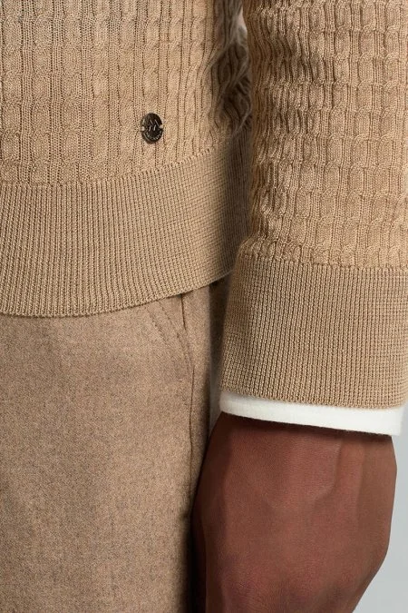 Merino Yün İpek Karışım Örgü Desen Camel Triko