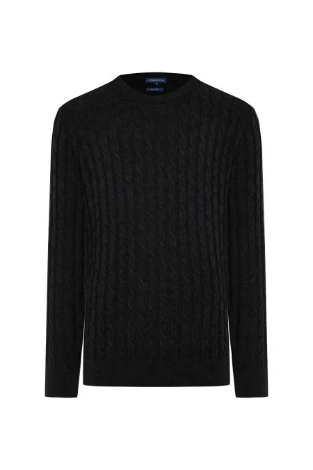 Merino Yün İpek Karışım Örgü Desen Siyah Triko