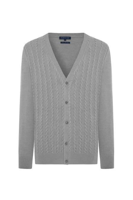 Merino Yün İpek Karışım Örgü Desenli Açık Gri Hırka